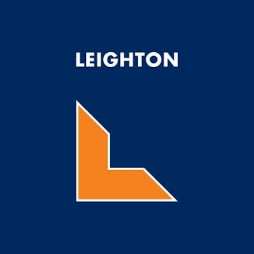 Building & Construction 3 AustClean building and construction site cleaning – LEIGHTON logo in white above an orange geometric "L" with white borders on dark blue, representing construction cleaning expertise and project brand clarity in Australia.