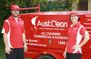 Mountain Creek Cleaning Services 3 AustClean Mooloolaba cleaning team – two professionals in red uniforms smiling beside a branded trailer, providing trusted interior cleaning and carpet cleaning services in Mooloolaba, Sunshine Coast.