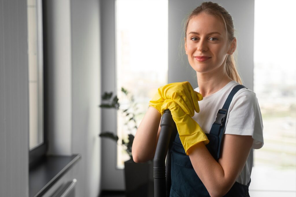 Smiling woman in yellow gloves and dark apron holding mop handle in bright modern home with large windows and plants