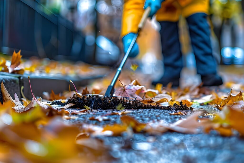 Worker in blue gloves and yellow jacket raking autumn leaves from concrete pavement during seasonal yard cleanup Mountain Creek